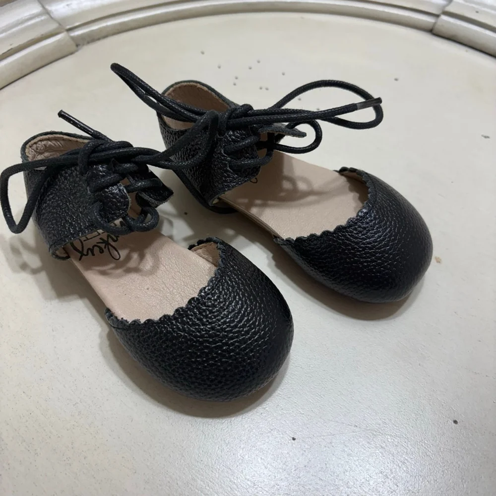 Monkey Feet Black Leather Lace-Up Shoes 12-18M